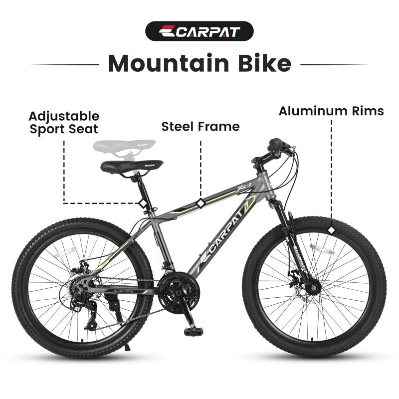 24 Inch Mountain Bike, Suitable For Boys And Girls, Steel Frame, Shimano 21 Speed Mountain Bike, With Dual Disc Brakes And Front Suspension, Banned Platform Temu