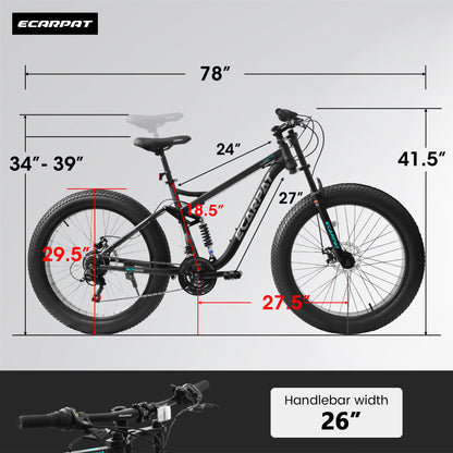 A26309 26 Inch Mountain Bike,Full-Suspension 21 Speeds Drivetrain With Disc-Brake Bicycle, Fat Tire Bike For Men