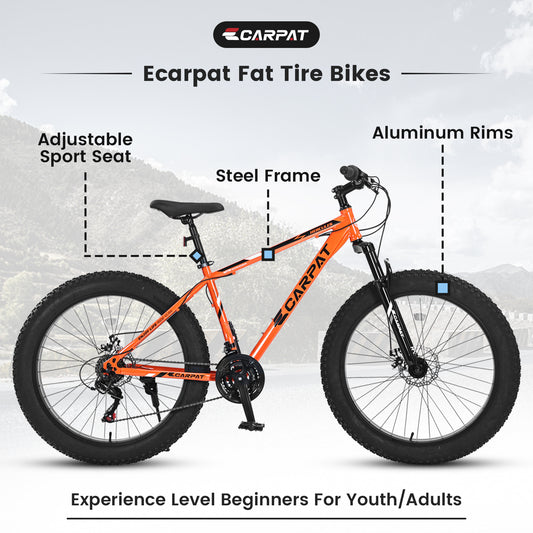 S26109 26 Inch Fat Tire Bike Adult-Youth Full Shimano 21 Speed Mountain Bike, Dual Disc Brake, High-Carbon Steel Frame, Front Suspension, Mountain Trail Bike, Urban Commuter City Bicycle